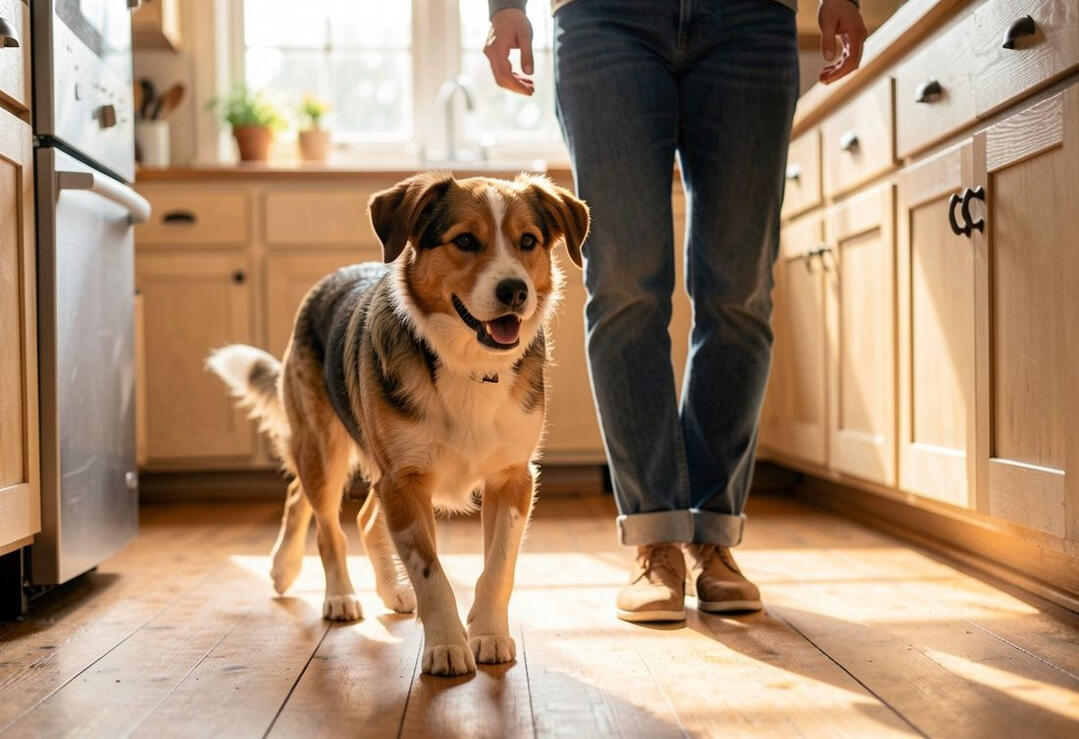 A dog following a person through a sunny kitchen
