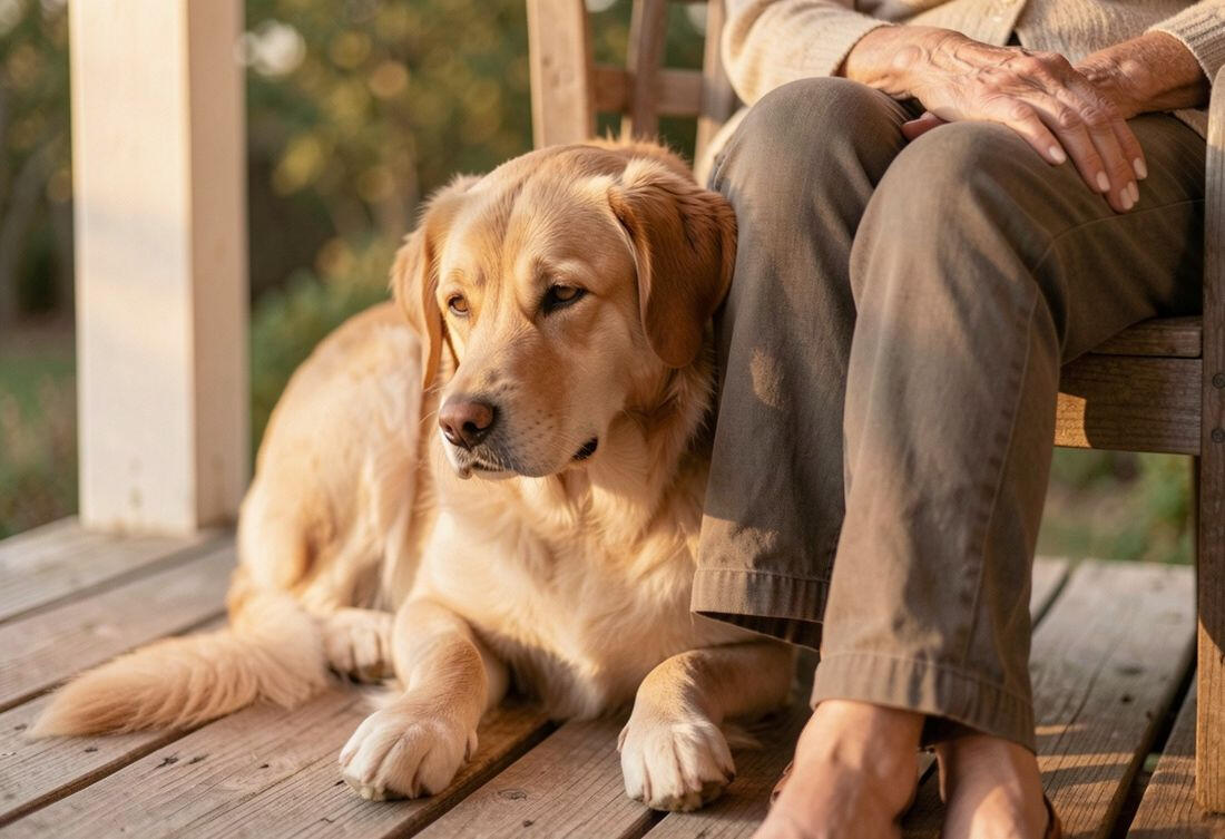 A calm dog leaning against a person's leg on a porch