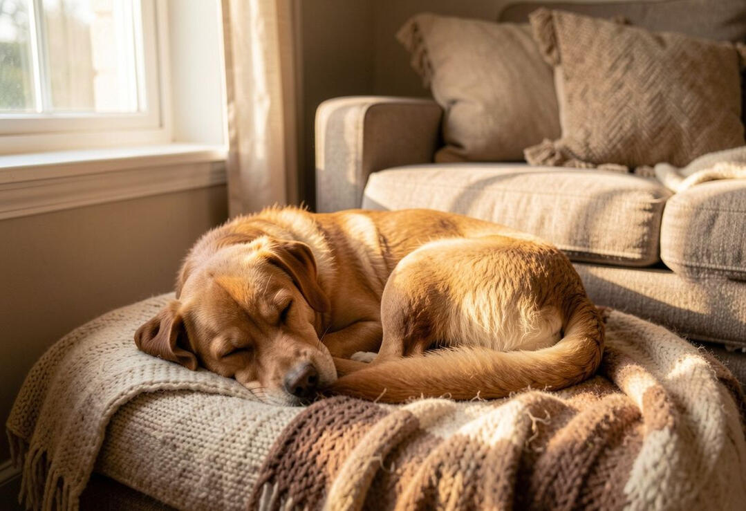 A dog curled up asleep on a blanket in a quiet corner