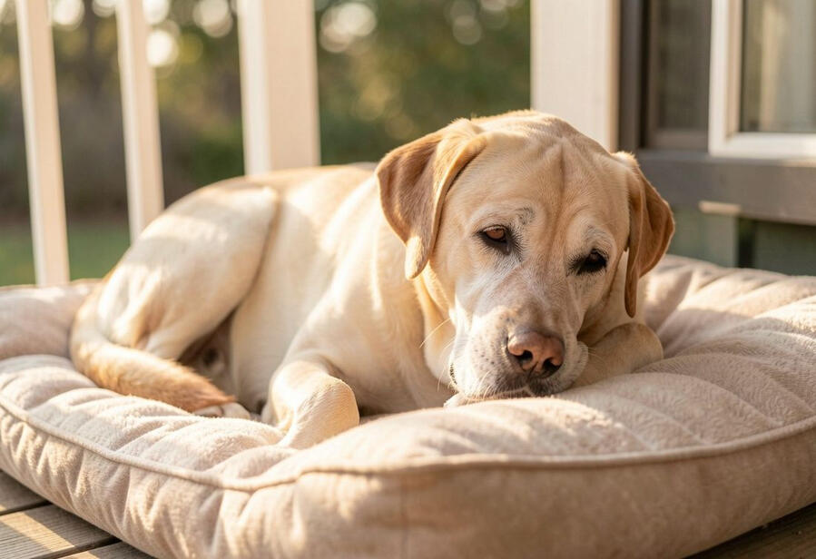 An elderly yellow Labrador resting on a soft dog bed on a porch