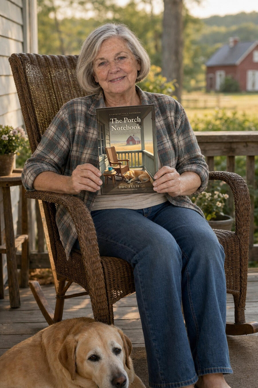 Doc Ellie on her porch with her old Labrador, holding The Porch Notebook